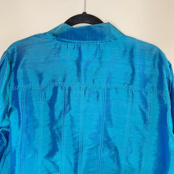 CHICO’S 100% Silk Shiny Teal Lightweight Button-Front Jacket Blazer, Large - Picture 7 of 12